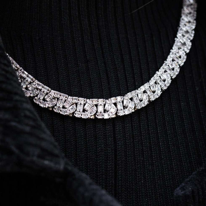 Baguette Chain Link Necklace in White Gold