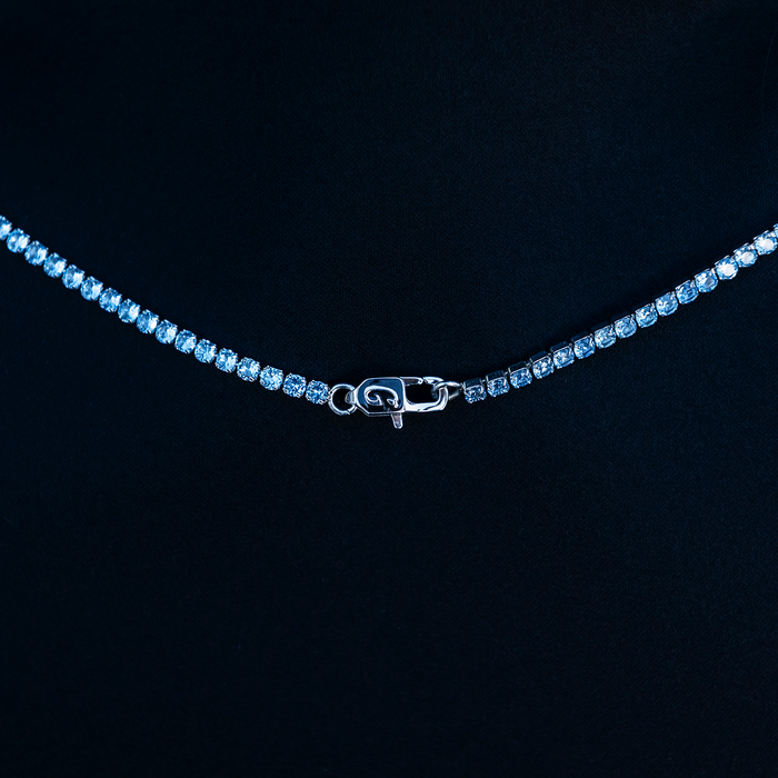 Blue Topaz Diamond Micro Tennis Necklace in White Gold