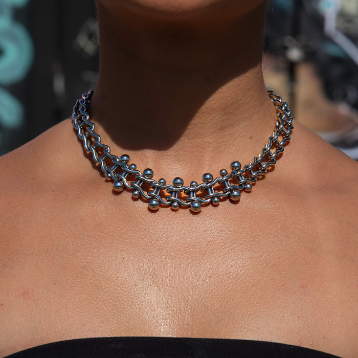Circular Chain Necklace + Bracelet Bundle in White Gold