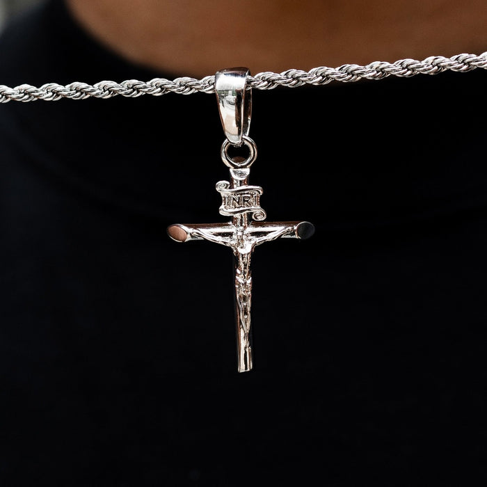 Crucifix Pendant + 2MM Rope Chain Bundle in White Gold