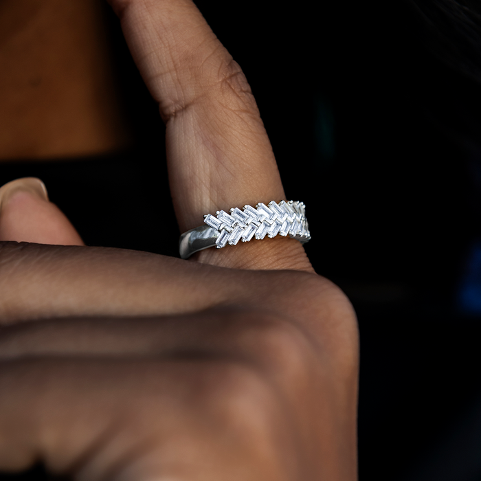 Diamond Baguette Herringbone Ring in White Gold Vermeil