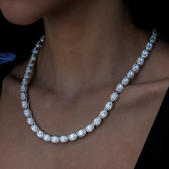 Diamond Oval Clustered Tennis Necklace in White Gold- 4mm