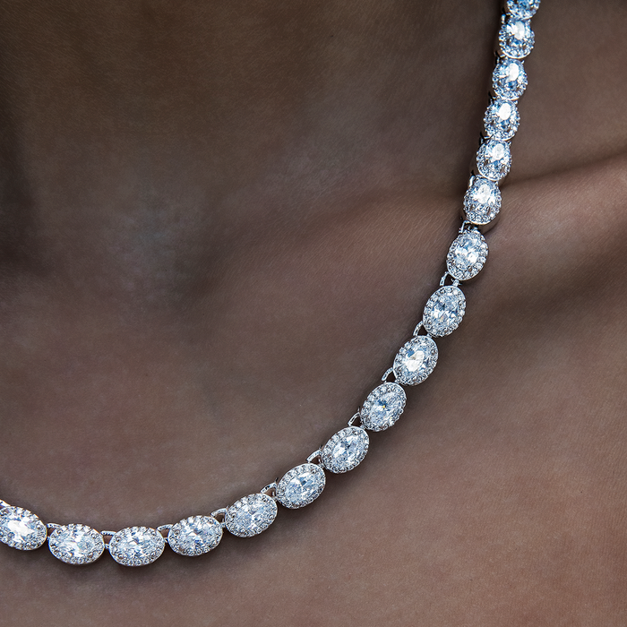 Diamond Oval Clustered Tennis Necklace in White Gold- 4mm