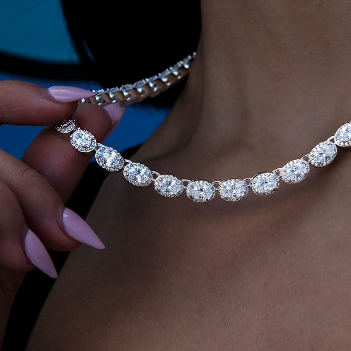 Diamond Oval Clustered Tennis Necklace in White Gold- 4mm