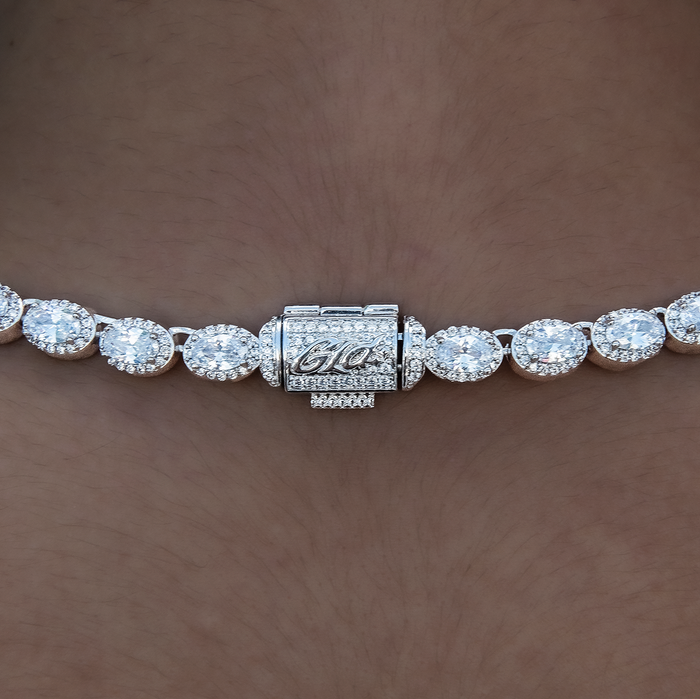 Diamond Oval Clustered Tennis Necklace in White Gold- 4mm