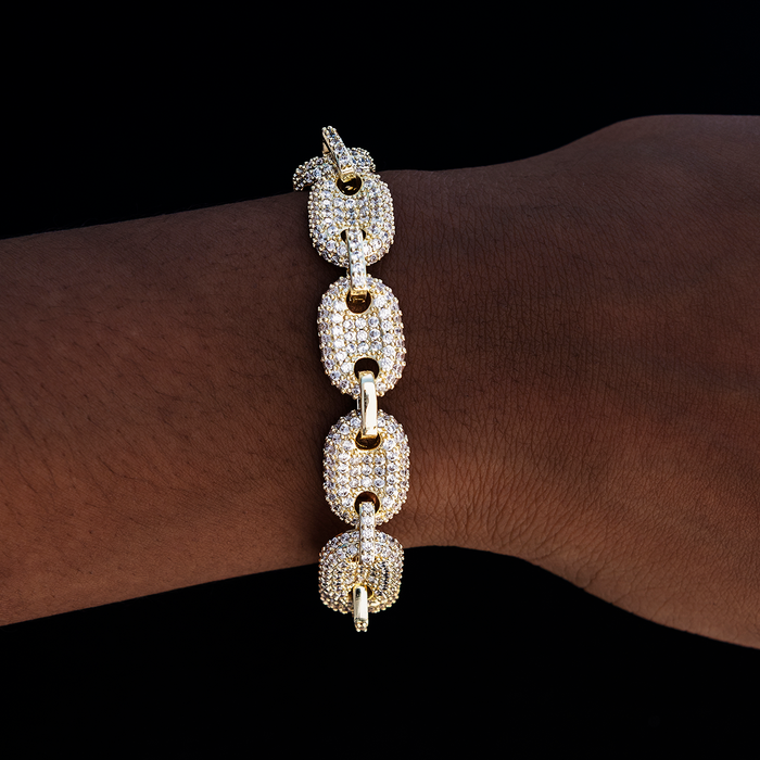 Diamond Puffed Mariner Bracelet in Yellow Gold- 12mm