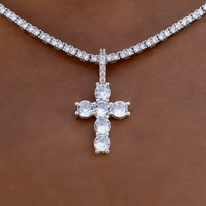 Diamond Tennis Necklace + Iced Micro Round Cross Pendant Gift Bundle in White Gold - 3mm