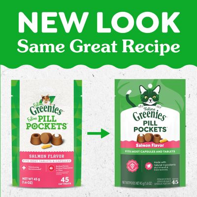 Greenies Feline Pill Poockets for Cats Natural Soft Cat Treats, Salmon Flavor, 1.6 oz. pk., 45 ct.