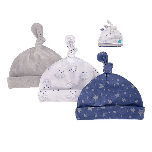 Hudson Baby 3pcs Knot Hat (0-6M), Cloud Mobile Blue