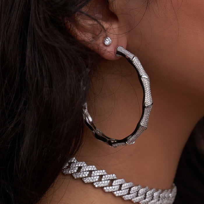 Iced Bamboo Hoop Earrings in White Gold - 2.5MM