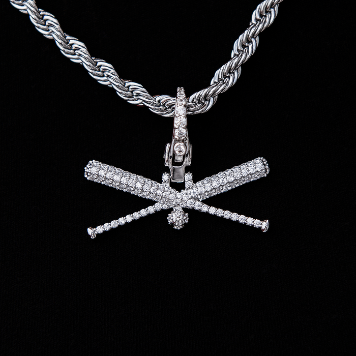 Iced Baseball Bat Clip On Pendant - White Gold