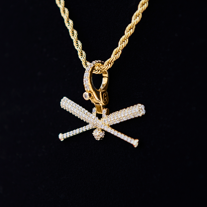 Iced Baseball Bat Clip On Pendant in Yellow Gold