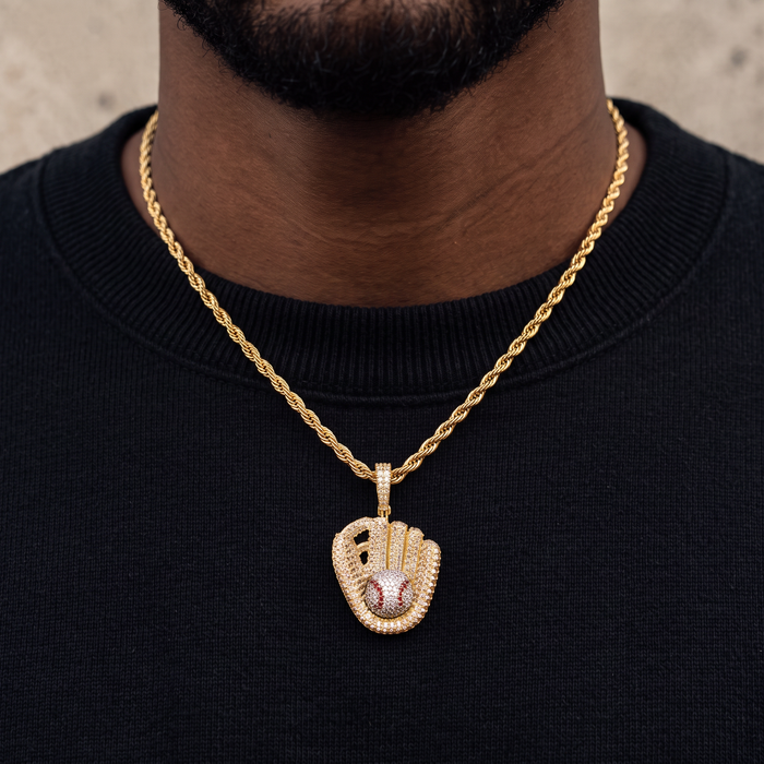 Iced Baseball Pendant + 2mm Rope Chain Bundle In Yellow Gold