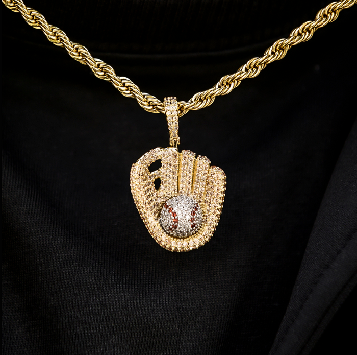 Iced Baseball Pendant + 2mm Rope Chain Bundle In Yellow Gold