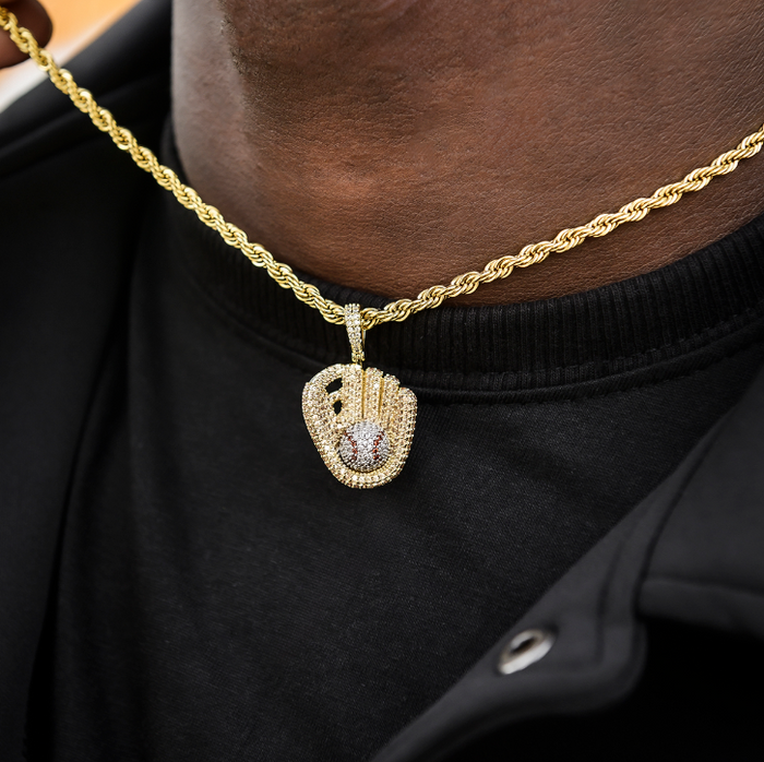Iced Baseball Pendant + 2mm Rope Chain Bundle In Yellow Gold