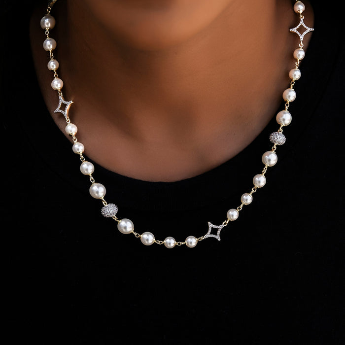 Iced Beaded Pearl Necklace in Yellow Gold