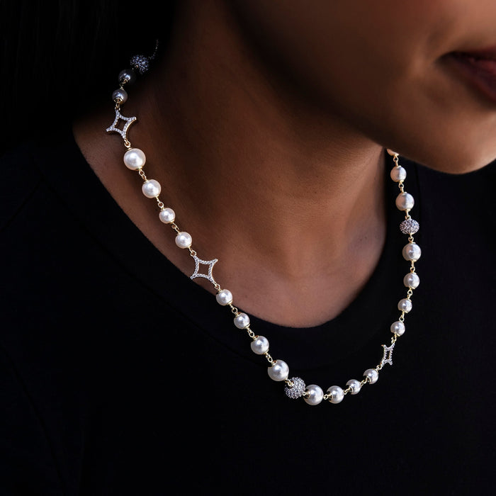 Iced Beaded Pearl Necklace in Yellow Gold