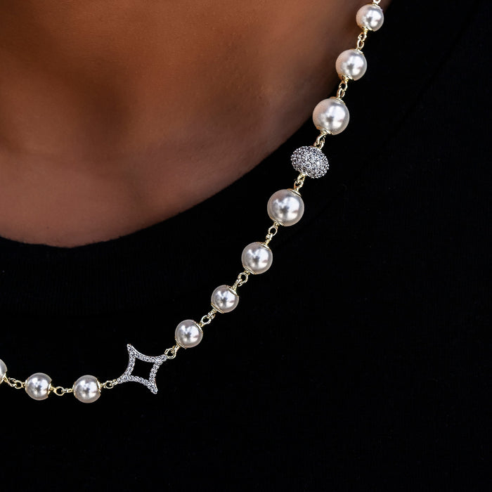 Iced Beaded Pearl Necklace in Yellow Gold