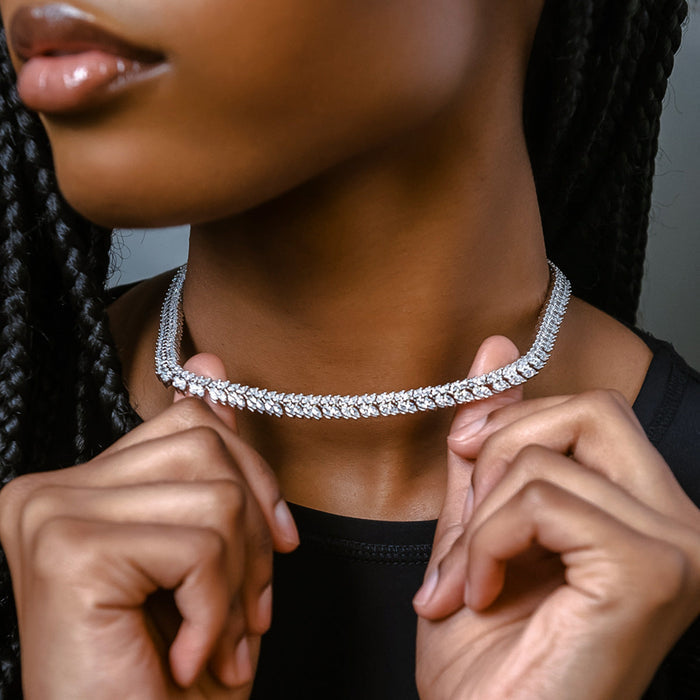 Iced Herringbone Necklace in White Gold- 7mm