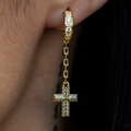 Iced Hoop Cross Drop Earrings - Gold