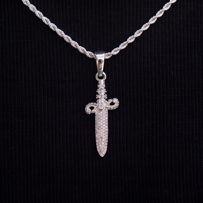Iced Knife Pendant + 2mm Rope Chain Bundle in White Gold