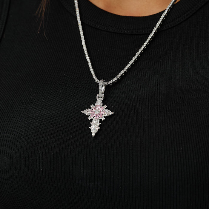 Iced Pink Flower Cross Pendant in White Gold