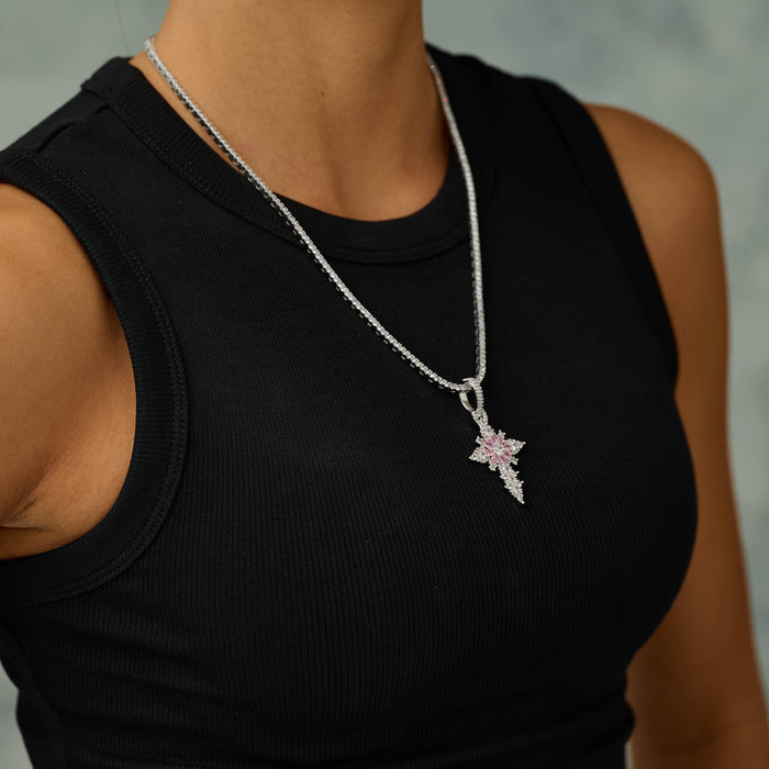 Iced Pink Flower Cross Pendant in White Gold
