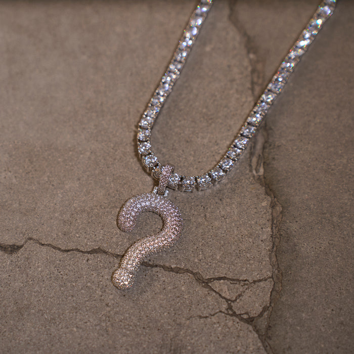 Iced Question Mark Pendant + 6mm Rope Chain + 3mm Diamond Tennis Chain in White Gold Bundle