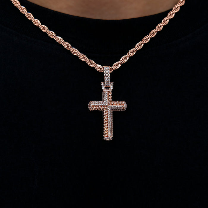Iced Rope Mix Cross Pendant in Rose Gold