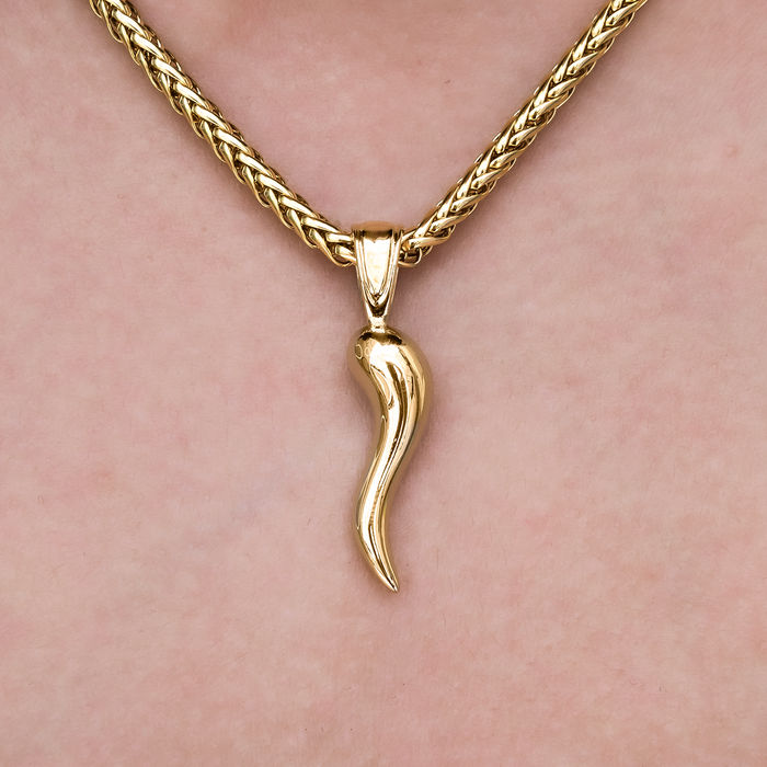 Italian Horn Pendant + 4MM Palm Necklace Bundle in Yellow Gold
