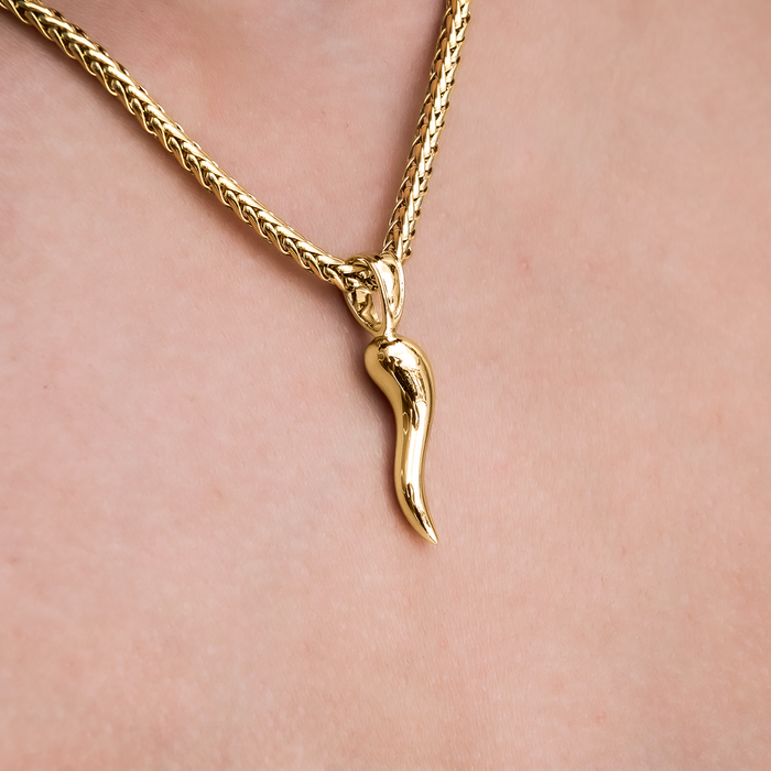 Italian Horn Pendant + 4MM Palm Necklace Bundle in Yellow Gold
