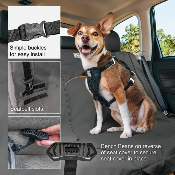 Simple buckles for easy install.  Seatbelt slots.  Bench Beans on reverse of seat cover to secure seat cover in place.