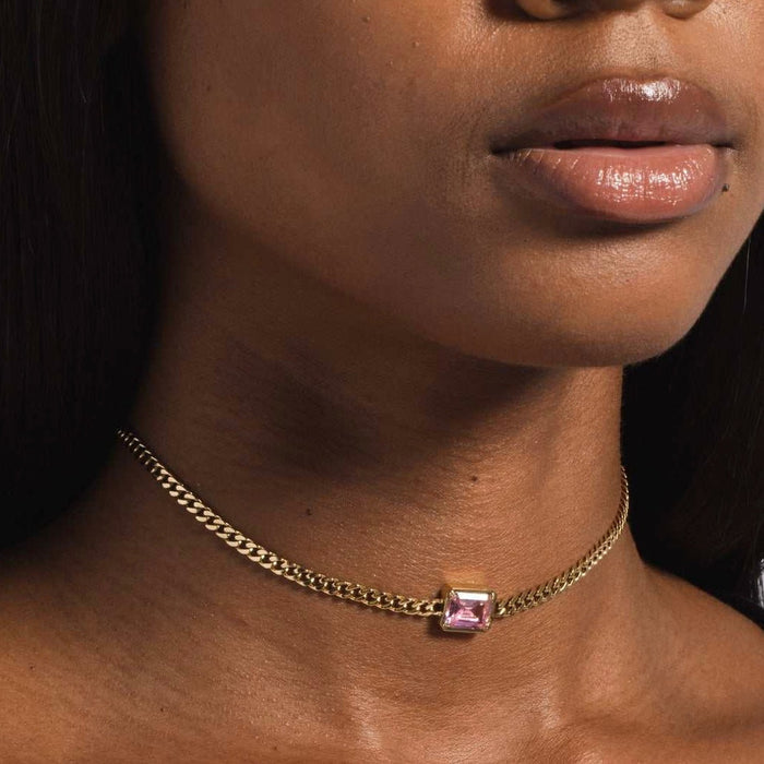 Micro Cuban Necklace w/ Pink Stone in Yellow Gold