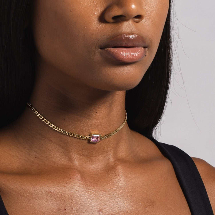 Micro Cuban Necklace w/ Pink Stone in Yellow Gold - The GLD Shop