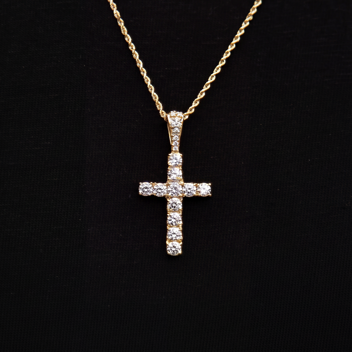 Micro Diamond Cross Pendant + 2MM Rope Chain Bundle in Yellow Gold
