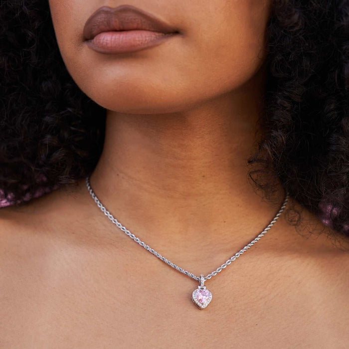 Micro Iced Pink Heart Pendant in White Gold