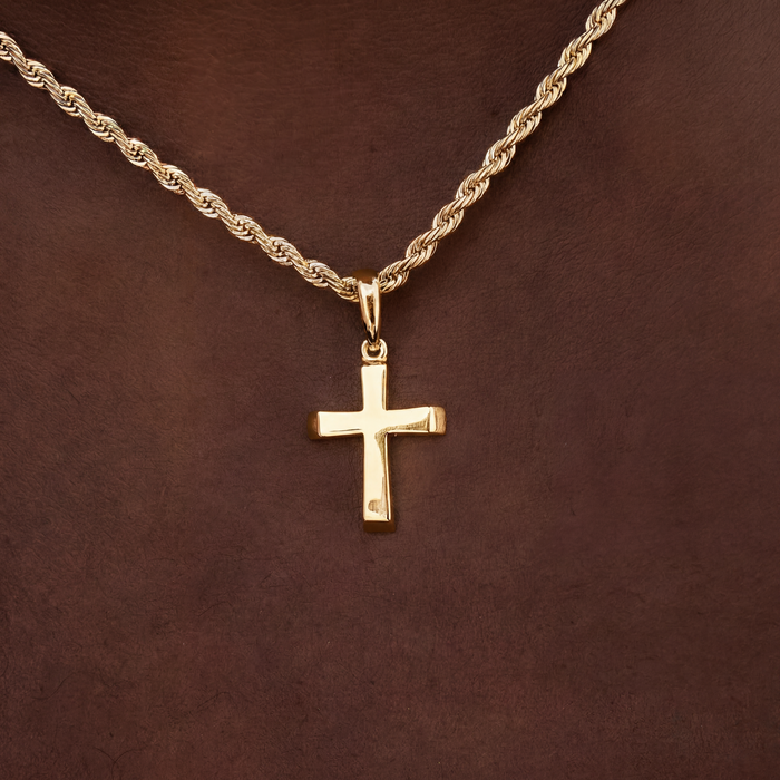 Micro Simple Cross Pendant + 2MM Rope Chain Bundle in Yellow Gold