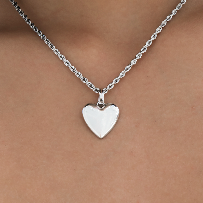 Micro Simple Heart Pendant + 2MM Rope Necklace Bundle in White Gold