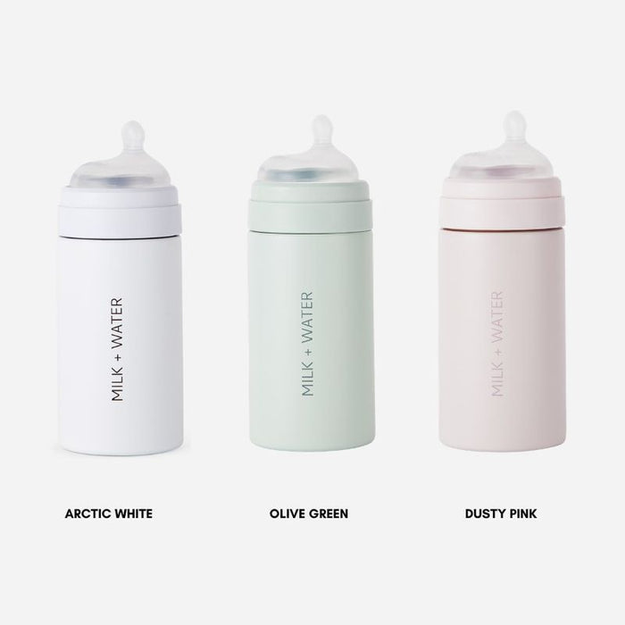 Milk + Water All In One Baby Bottle Stainless Steel (9oz, Dusty PInk, Fast Flow)