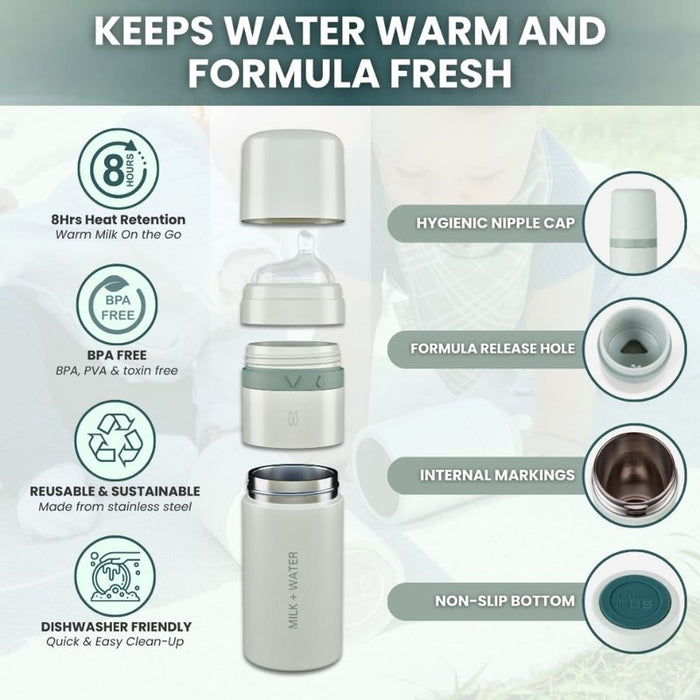 Milk + Water All In One Baby Bottle Stainless Steel (9oz, Olive Green, Fast Flow)