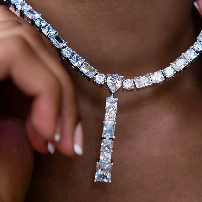 Multi Stone Lariat Necklace in White Gold
