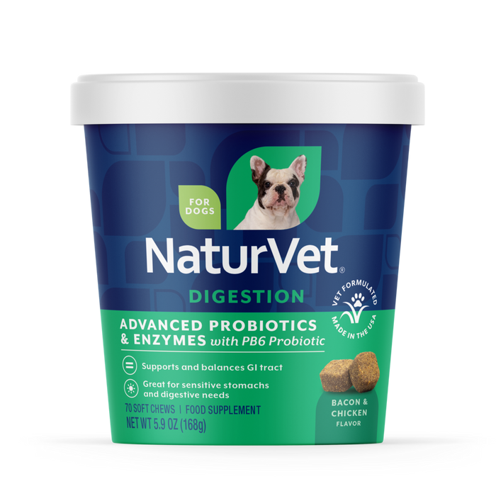 NaturVet Advanced Probiotics & Enzymes Digestion Supplement for Dogs, Bacon & Chicken Flavor, 70 Count