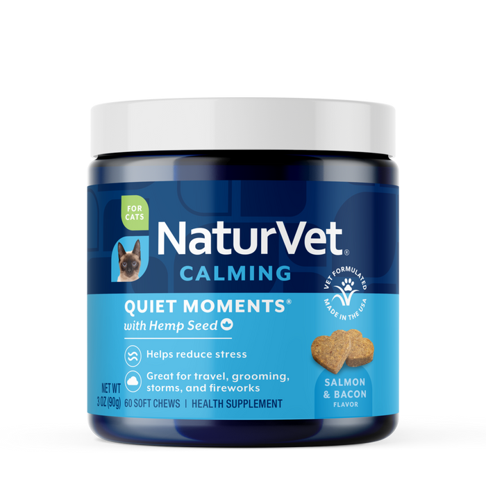 NaturVet Quiet Moments with Hemp Seed Calming Supplement for Cats, Salmon and Bacon Flavor, 60 Count