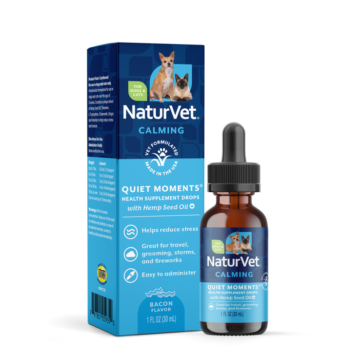 NaturVet Quiet Moments with Hemp Seed Oil Calming Supplement Drops for Dogs and Cats, Bacon Flavor, 1 fl oz