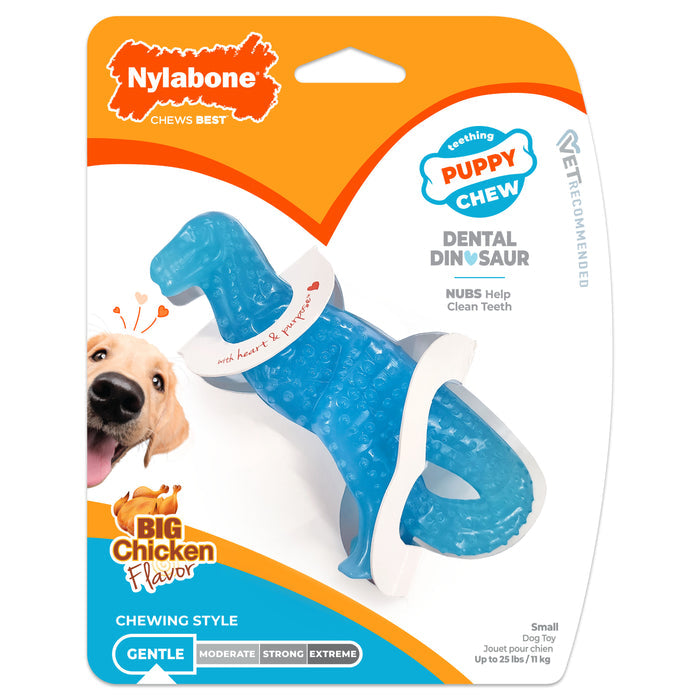 Nylabone Puppy Dental Dinosaur Chew Toy for Teething Puppies Chicken Blue Small up to 25 lbs.
