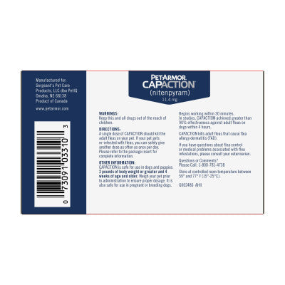 PetArmor CapAction Flea Treatment Tablets for Dogs 2-25LB, 6CT back of box