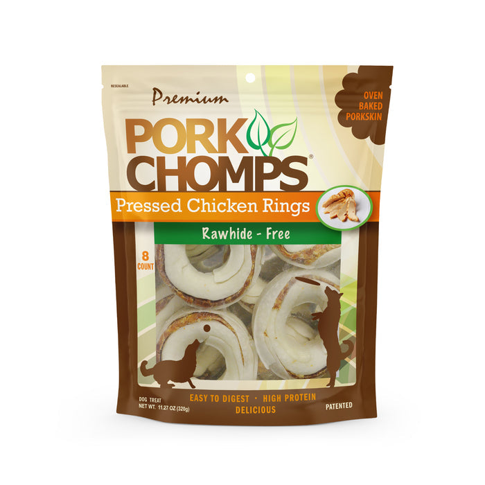 Pork Chomps 2.5" Pressed Pork Skin Rings with Real Chicken, 8 count Dog Chews