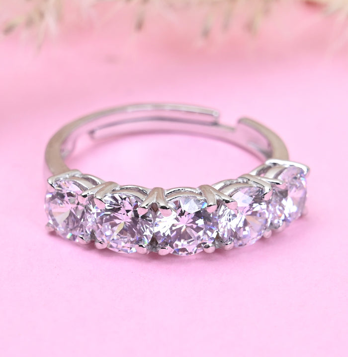 CLARA Pure 925 Sterling Silver 5 stone Eternity Finger Ring with Adjustable Band