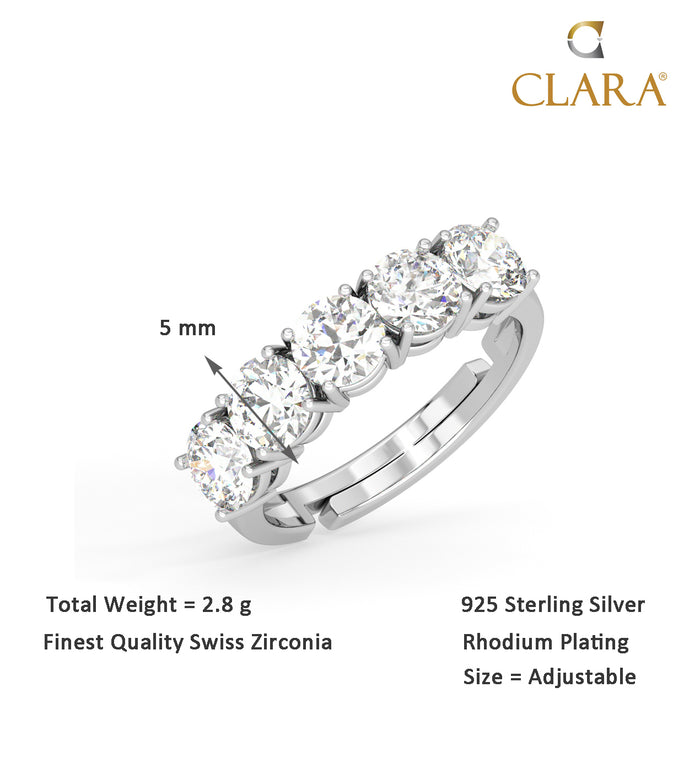 CLARA Pure 925 Sterling Silver 5 stone Eternity Finger Ring with Adjustable Band