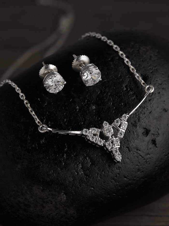 CLARA 925 Sterling Silver Rhodium Plated Alice Pendant Earring Necklace Set with Chain Gift for Women and Girls